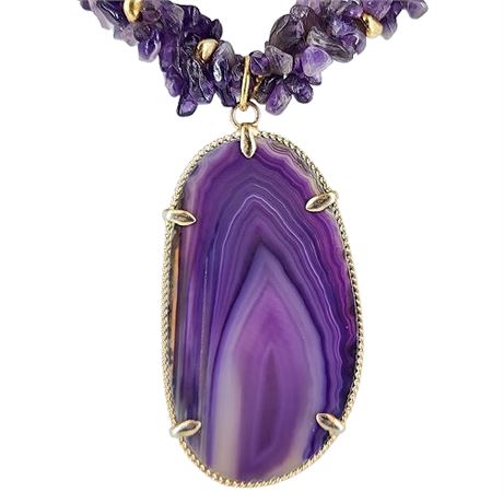 Chunky Amethyst Chip Twist Necklace w/ Dyed Agate Slice Pendant