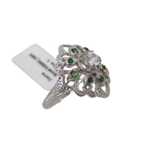 Sterling Silver White Topaz & Emerald Filigree Ring Sz 6