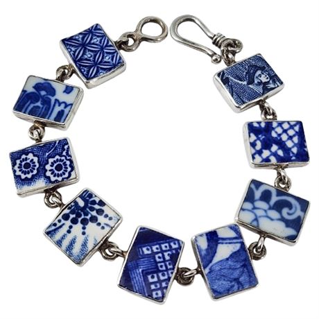 Signed JL Sterling Silver Blue Willow China Bracelet