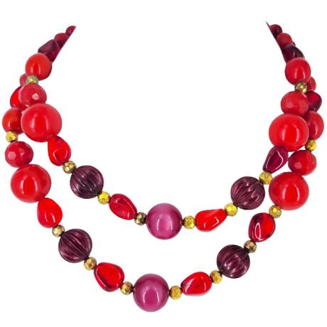Vintage Red Plastic Bead Double Strand Necklace