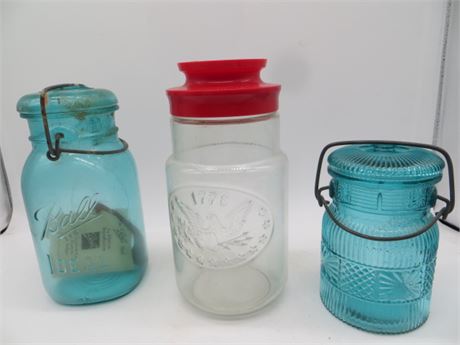 Avon Green Glass Clamp-Top Lid Jar, Ball Jar & 1776 Commemorative Jar