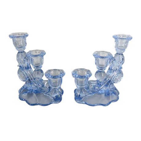 Pair Blue Glass Candle Holders Cambridge Glass Co. Moonlight Blue
