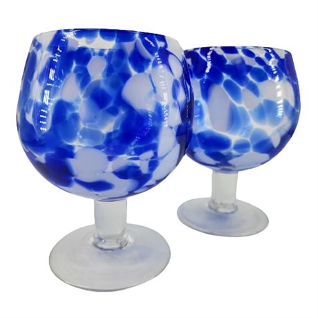 Hand-Blown Cobalt Blue Confetti Art Glass Goblet Pair