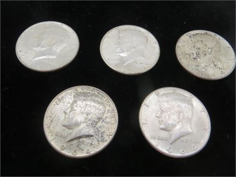 Five 1964 Kennedy Half Silver Dollars