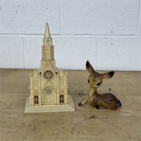 Vintage Plastic Holiday Church and Reindeer