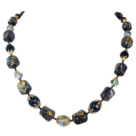 Vintage Black and Gold Speckled Bead Necklace
