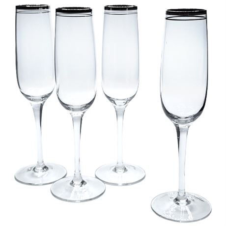 Double Platinum Stripe Crystal Champagne Flutes, Set of 4