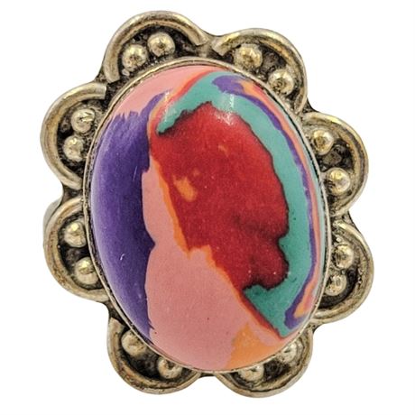 Silver Tone Rainbow Fordite Ring Size 7