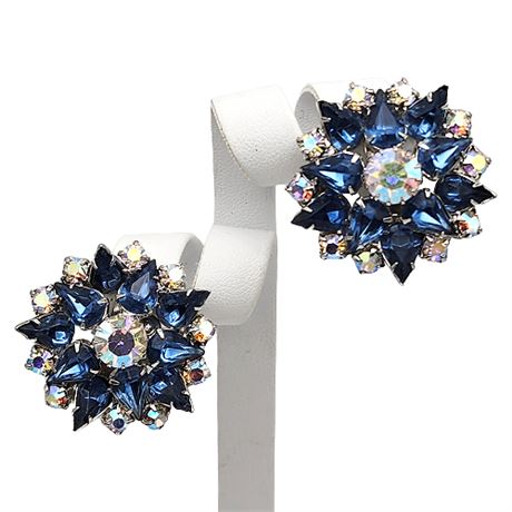Blue & Aurora Rhinestone Clip Earrings