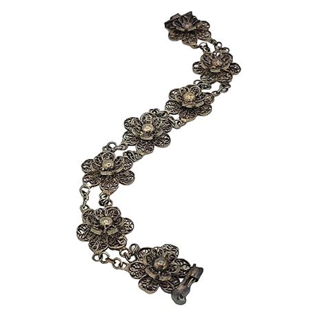 Antique 1920s Mexican 800 Silver Cannetille Filigree Flower Bracelet