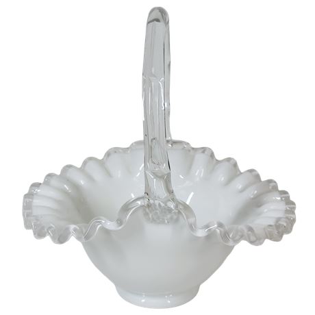 Vintage Fenton Silver Crest Milk Glass Brides Basket with Crimped Clear Handle