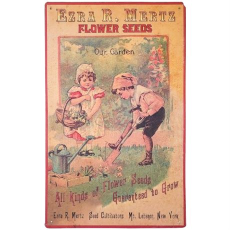 Vintage Ezra R. Mertz Flower Seeds Tin Sign