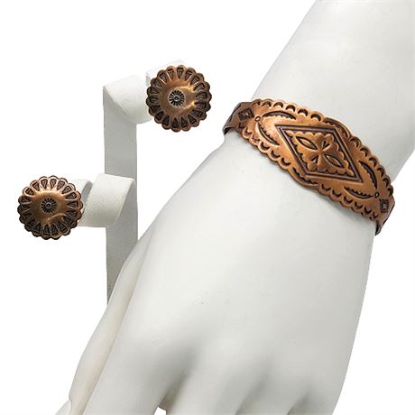 Vintage Bell Copper Cuff Bracelet and Earring Set