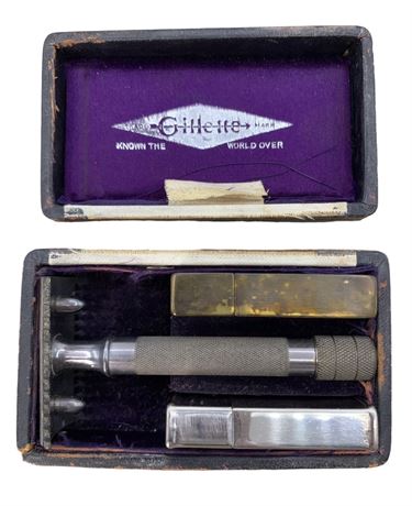 Antique Shaving Safety Razor, Gillette Leather Case & Blade Safe