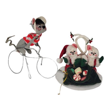 Annalee 1975 Mouse on a Bicycle / 2003 Santa Clause Mice with Gift Bag