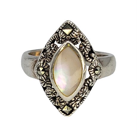 Signed Sterling Silver Mother of Pearl Marcasite Ring, Sz 7