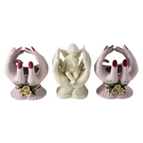 White Ceramic Cherub Praying Hands / Set of 2 Yellow Flower Hand Vases