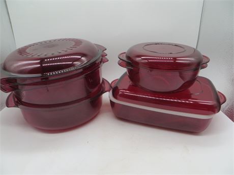 NEW VINTAGE TUPPERWAVE 2 CRANBERRY COOKERS, RECTANGLE COOKER W/2 LIDS & BOWL