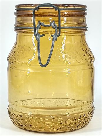 Vintage Floral Amber Glass Storage Jar – 1 Liter – Wire Bale Closure – Italy