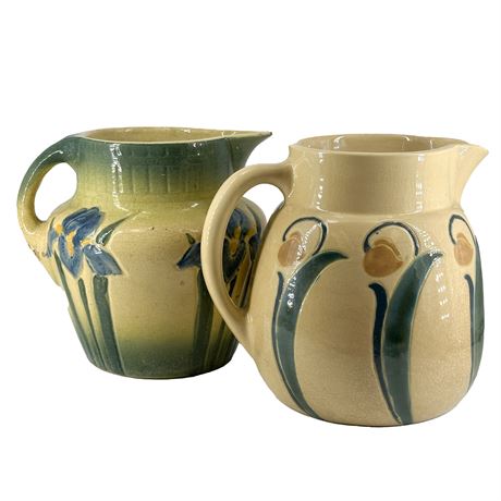 Antique Roseville Pottery lot of Two Floral Pitchers