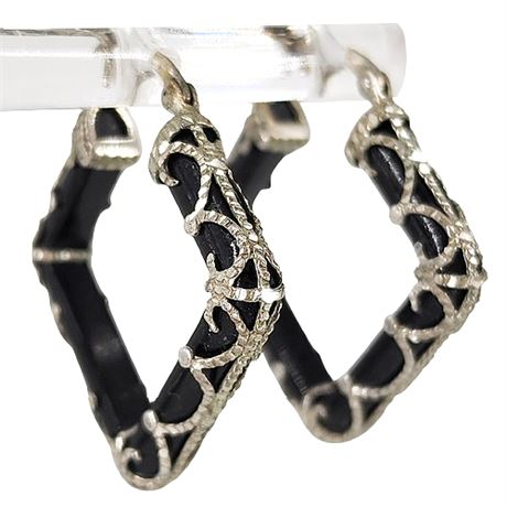 Signed Sterling Silver Caged Black Onyx Square Hoop Earrings