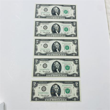 5 Consecutive 1976 $2 Bills