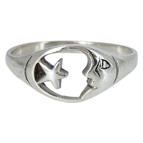 Sterling Silver Crescent Moon & Star Ring, Sz 9
