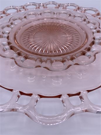 2 pc Pink Depression Glass Old Colony Open Lace Edge Serving Platters in 2 Sizes
