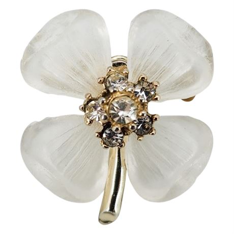 Vintage Small Frosted Plastic & Rhinestone Dogwood Flower Brooch