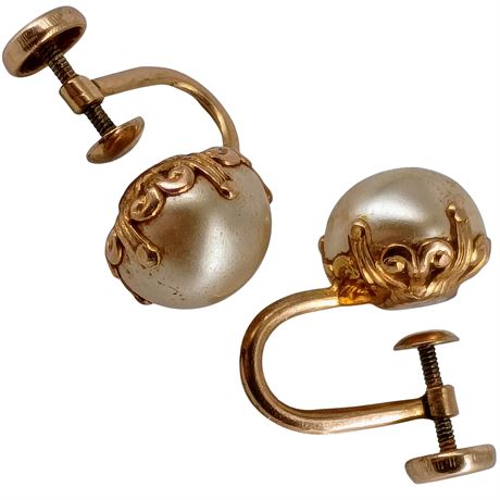Vintage Stamped BDA 10K Gold Faux Pearl Screw-Back Earrings