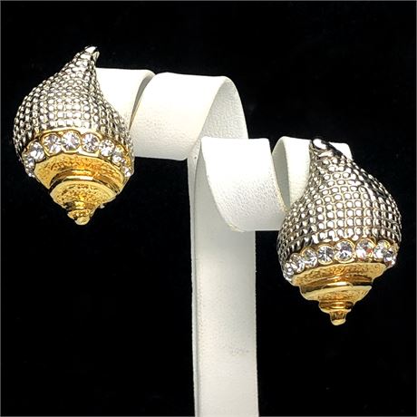 Vintage Gold & Silver Tone Rhinestone Conch Shell Earrings