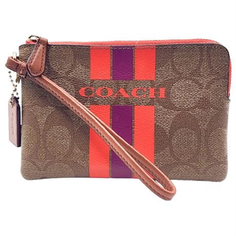 Coach Corner Zip Varsity Wristlet in Khaki/Watermelon Signature Coated Canvas
