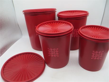 NEW VINTAGE TUPPERWARE 4 CANISTERS SET RED QUILT TULIP DESIGN