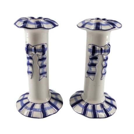 Papel Hand-Painted Blue Plaid Ribbon Candle Stick Holders