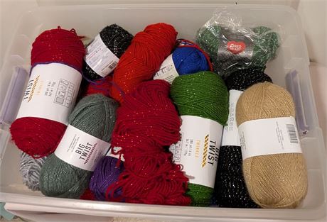 Lot Big Twist Yarn New Red, Green, Additional Yarn + Storage Container