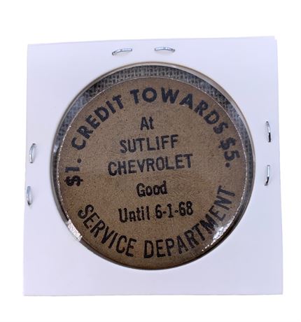 1968 Sutliff Chevrolet Service Department Wooden Nickel Token