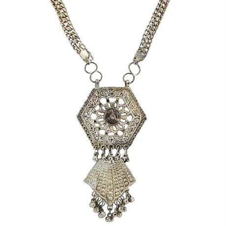 Vtg Silver Tone Moroccan Style Pendant & Bells Necklace
