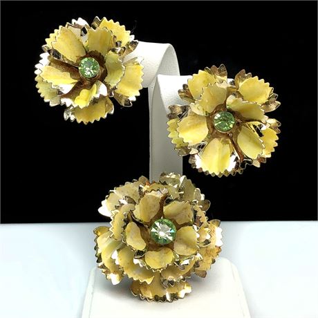Vintage Yellow Enamel Rhinestone Brooch & Earrings Set