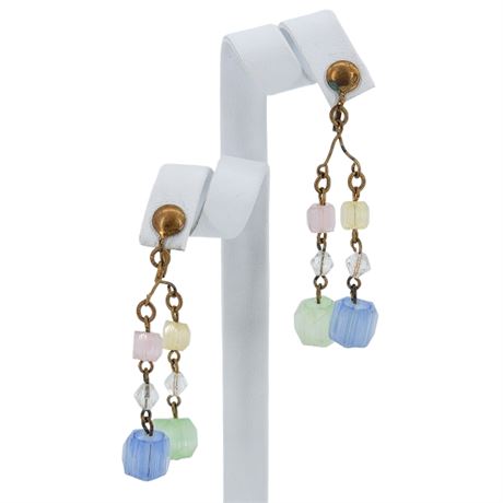 Vtg Art Deco Russian Cane Glass Chandelier Screwback Earrings