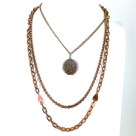 Vintage Triple-Chain Necklace with Etched Locket – Gold & Silver Tone