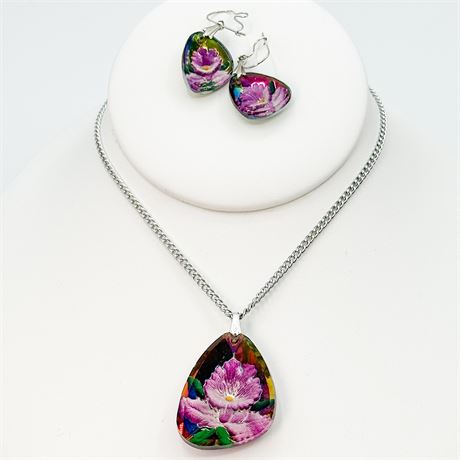 Vintage Reverse Carved Intaglio Orchid Necklace and Earrings Set