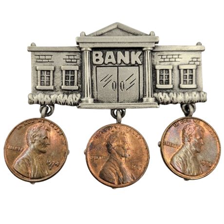 Vintage Signed JJ Jonette Pewter Bank and Copper Pennies Dangle Brooch