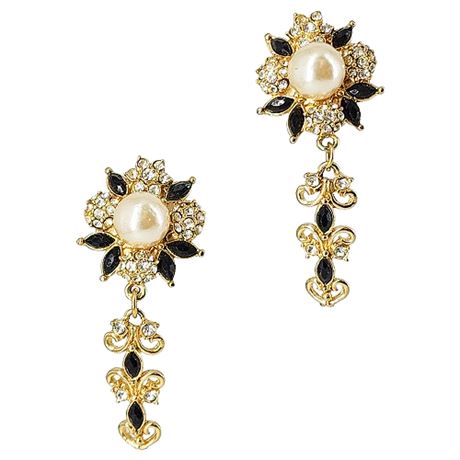 Vintage Gold Tone Rhinestone & Faux Pearl Dangle Clip Earrings
