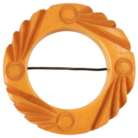 Vintage Carved Butterscotch Bakelite Circle Brooch