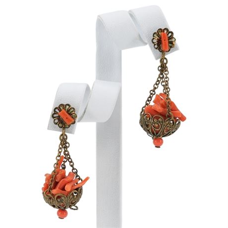 Vintage Victorian Italian Branch Coral Hanging Basket Screwback Earrings