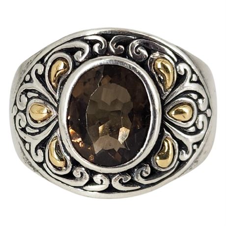 Signed SAMUEL B BENHAM Sterling Silver 18K Gold Smoky Quartz Ring, Sz 7