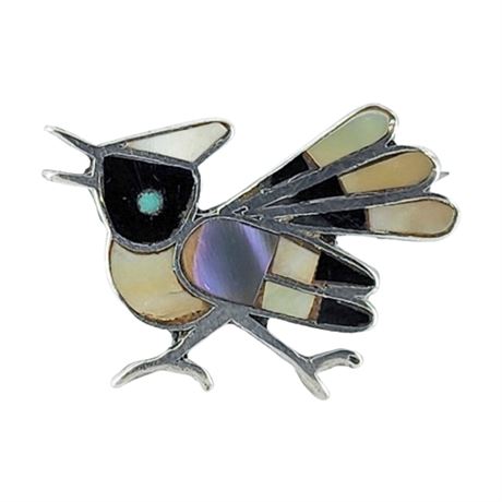 Vintage Zuni Sterling Silver Inlay Roadrunner Brooch