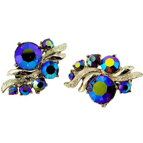 Vintage Pink Aurora Borealis Rhinestone Clip-On Earrings