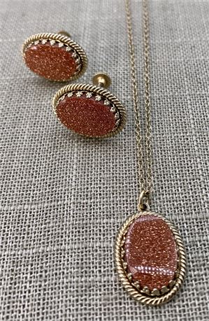 Sparkling Sunstone Vintage Necklace & Screw-back Earring Set