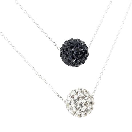 Pair Sterling Silver Rhinestone Ball Charm Necklaces